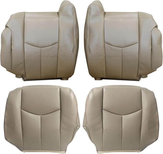 Front Driver and Passenger Bottom and Top Lean Back Leather Seat Covers Tan #522 Compatible with Chevy Avalanche Silverado GMC Sierra 1500 2500 3500 HD 2003 2004 2005 2006