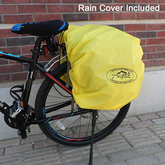 Dreamoon 50L Bike Panniers, Waterproof Bicycle Commuting Bag with Rain Cover, Rear Seat Bag for Rack Width Under 6.3 Inches, Reflective Trim for Safety, Cycling Organizer (Black)