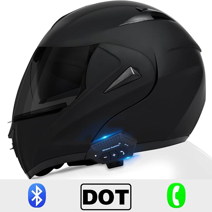 Motorcycle Bluetooth Modular Helmet, DOT Approved Dual Visor Full Face Flip Up Bluetooth Integrated Motorcycle Helmet for Adults Men and Women