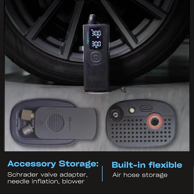 Tire Inflator Gauge Portable Air Compressor, Digital LED Display & Flashlight, 120 PSI/ 2x 2000 mAh Battery for Car Tires, Motorcycle, Bicycle - Cordless Tire Pump with Tire Pressure Gauge