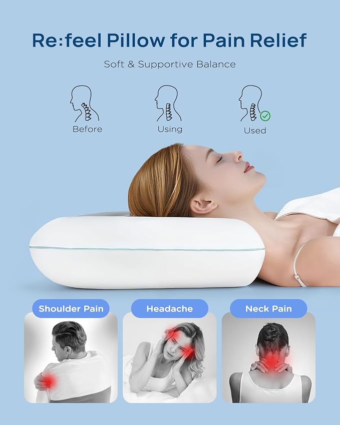 Releep Cooling Soft Memory Foam Pillow, Cervical Neck Pillow for Side Sleepers, Back & Stomach Sleepers, Ergonomic Orthopedic Design for Neck Pain Relief and Deep Sleep, CertiPUR-US, White