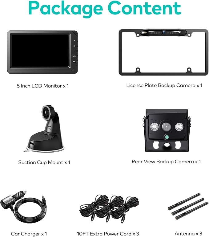 Nuoenx Backup Camera for RV, Split Screen 5 Inch HD Monitor W/Wireless License Plate Backup Camera & Wireless Rear View Camera, IR Night Vision Waterproof For Trailer, 5th Wheel