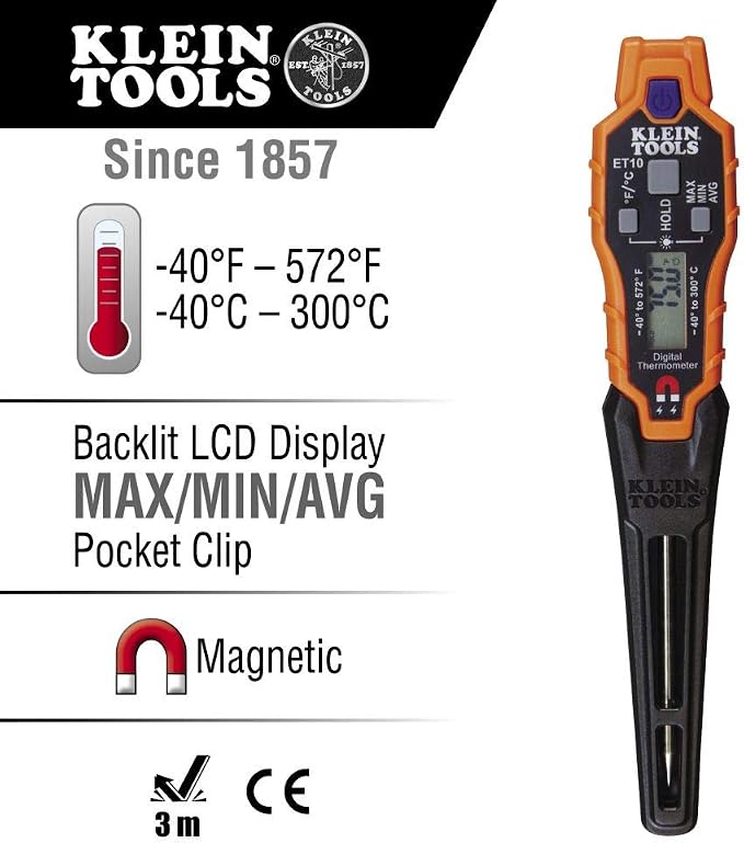 Klein Tools IR07 Dual Infrared (IR) and Probe Pocket Size LCD Digital Thermometer & ET10 Magnetic Digital Pocket Thermometer
