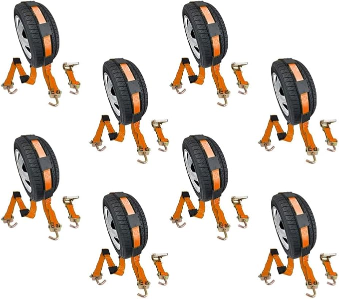 Mytee Products 8 Pack 2" x9' Over The Wheel Tire Straps w/Ratchet, Swivel J Hook & Rubber Blocks - 3,333 LBS WLL High Abrasion Orange Webbing - Towing Tie Down Strap for Auto Car Hauler, Truck Bed