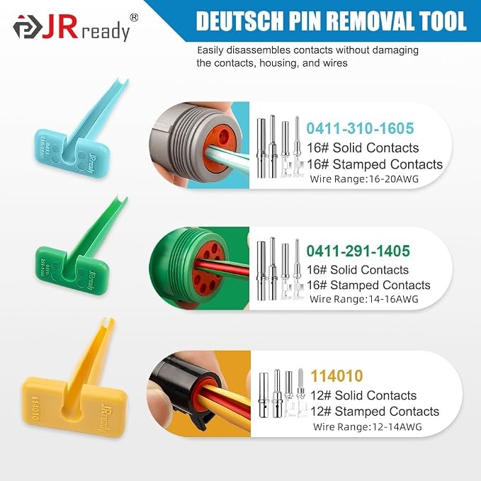 JRready ST6446 Deutsch Solid Pin Kit, Barrel Style Contacts Size 16# 12# Male Female Terminal for DT,DTP,DTHD,HD Series Connector with Deutsch Pin Extractor Tool