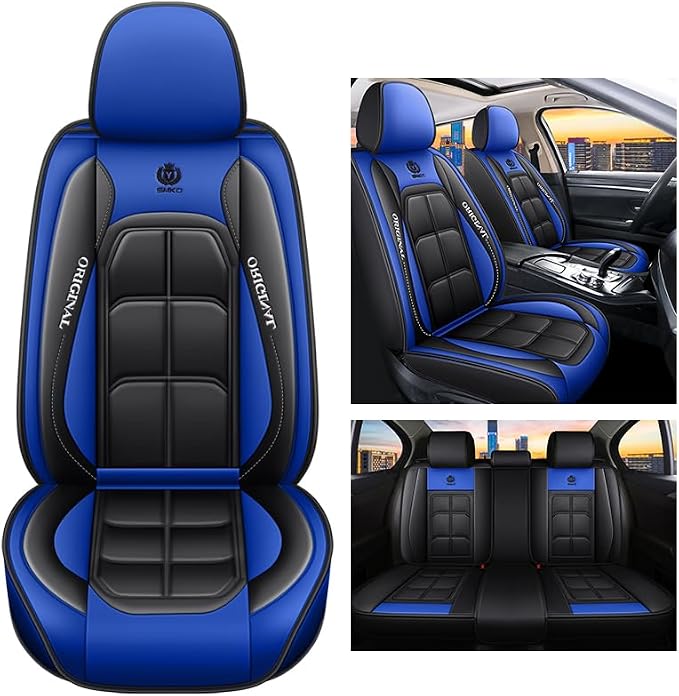 BGYFDU03 Seat Cover 5-Seater Full Set, Universal Type, Suitable for Most Cars Pickup Ttrucks Airbags Compatible with Synthetic Leather Car Seat Cushion Protectors (Black-Bule)