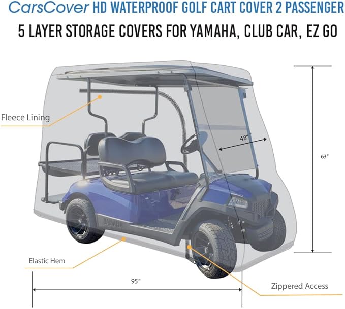 CarsCover HD Waterproof Golf Cart Cover 2 Passenger 5 Layer Storage Covers for Yamaha, Club Car, EZ Go (Fit up to 95 inch Long)