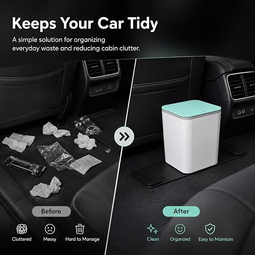 Mini Car Trash Can with Press Lid, Leakproof One-Piece Design, ABS Plastic Garbage Bin with Stainless Steel Spring for Auto Interior (White)