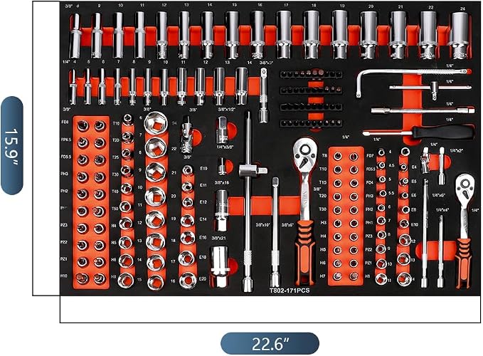 JZD Tool Set in Foam Storage Tray, 171 Pieces 3/8" Socket Mechanic, for Home Garage Auto Repair Shop Factory