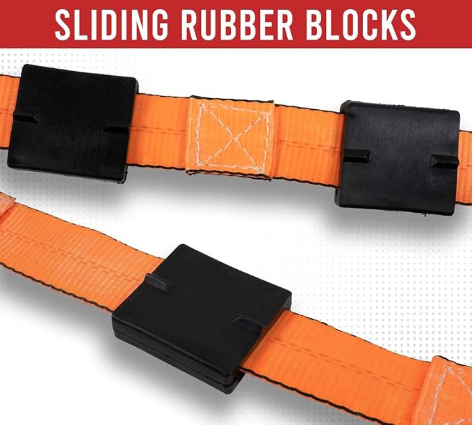 Mytee Products 8 Pack 2" x9' Over The Wheel Tire Straps w/Ratchet, Swivel J Hook & Rubber Blocks - 3,333 LBS WLL High Abrasion Orange Webbing - Towing Tie Down Strap for Auto Car Hauler, Truck Bed