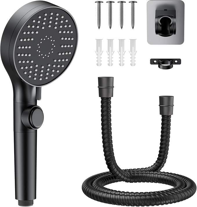 RV Shower Head with Stainless Steel Hose, 5 Mode High Pressure Shower Head with Handheld On Off Switch, Camper Shower Head Replacement for RV, Travel Trailer, Motorhome, RV Accessories Part, Black