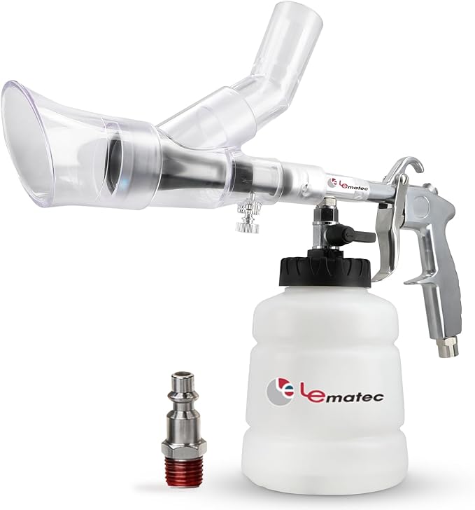 LE LEMATEC Air Tornador Car Detailing Gun & Upholstery Extractor Kit | Interior carpet vent cleaner, foam bottle, vacuum attachment, 3000 RPM, 90 PSI, 1/4" NPT compressor