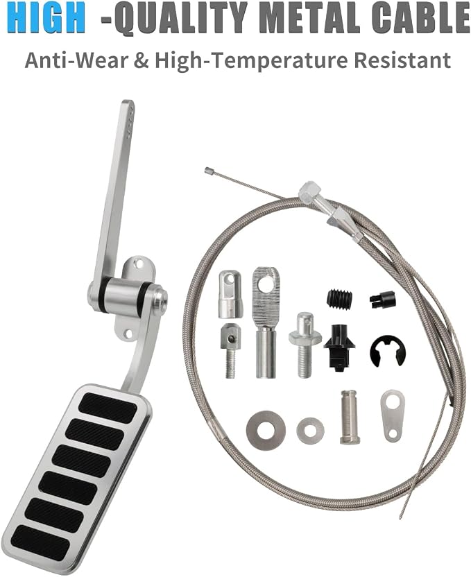 Universal Polished Aluminum Throttle Pedal (2" x 4-1/2") + 36" Stainless Steel Braided Throttle Cable Kit with 24" Sleeve, Carb Bracket & Spring