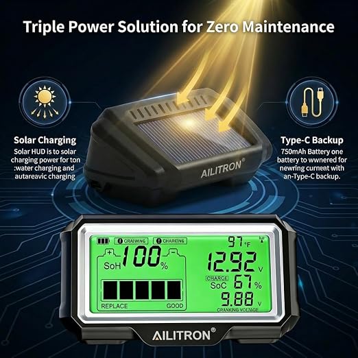 12V Battery Tester Wireless Battery Monitor 433MHz Wireless Battery Tester with Cranking Charging Test/Voltage/Temperature/Alarm/Real-Time Monitoring for Car, Motor, RV, Truck, Boat,Golf Cart, Solar