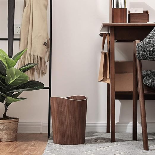 2.3 Gallons Wood Trash Can Wastebasket for Home or Office, Japanese-style natural wood Round Wastebasket, Lightweight, Sturdy for Under Desk, Kitchen, Bedroom, Den, Hotel, or Kids Room (Dark Wood-B)