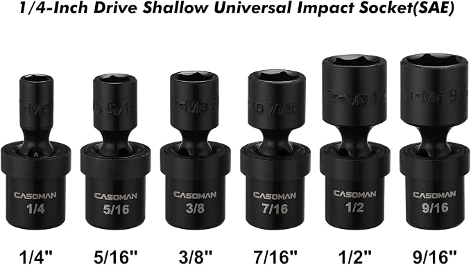 CASOMAN 1/4-Inch Drive Shallow Universal Impact Socket Set, SAE, 6 Pieces Set, 1/4" to 9/16", 6-Point, Cr-Mo, Swivel Socket
