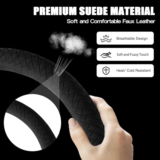 Suede Steering Wheel Cover with Upgraded Silicone Inner Ring, Breathable, Anti-Slip, Leather Universal 14.5 to 15 Inch Steering Wheel Cover (Black with Handwoven Craft)