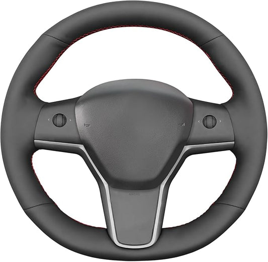 MEWANT DIY Black Smooth Genuine Leather Steering Wheel Cover Wrap for Tesla Model Y 2020-2023 Model 3 2017-2023