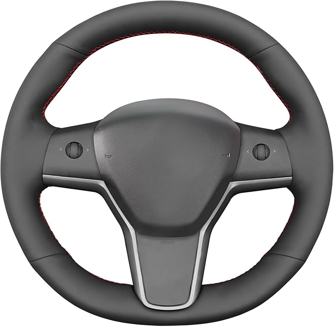MEWANT DIY Black Smooth Artificial Leather Steering Wheel Cover Wrap for Tesla Model Y 2020-2023 Model 3 2017-2023