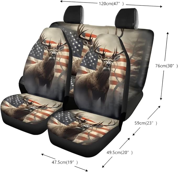 Deer American Flag Pattern Car Accessories Pack of 13, Auto Front and Rear Seat Cover Full Set, 1 Steering Wheel Cover, 4 Seat Belt Cover, 4 Cup Holder Coasters Universal Fit for Most Cars