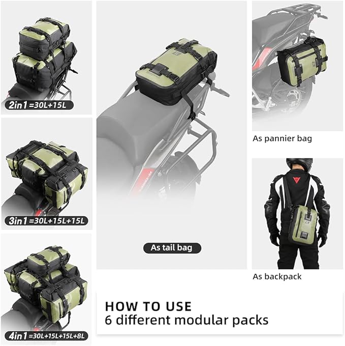 Rhinowalk Motorcycle Tail Bag Motorbike Side Bag 8L Full Waterproof Motor Saddle Pannier Bag Rear Rack Trunk Professional Motor Accessories-Green