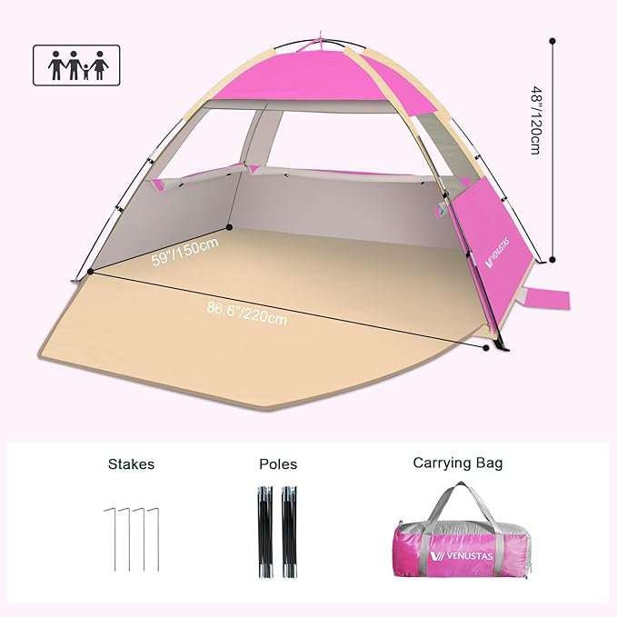 Venustas Beach Tent Sun Shelter for 3/4/6/8 Person, UPF 50+ UV Protection Beach Canopy, Lightweight and Easy Setup Cabana, Portable Shade Tent