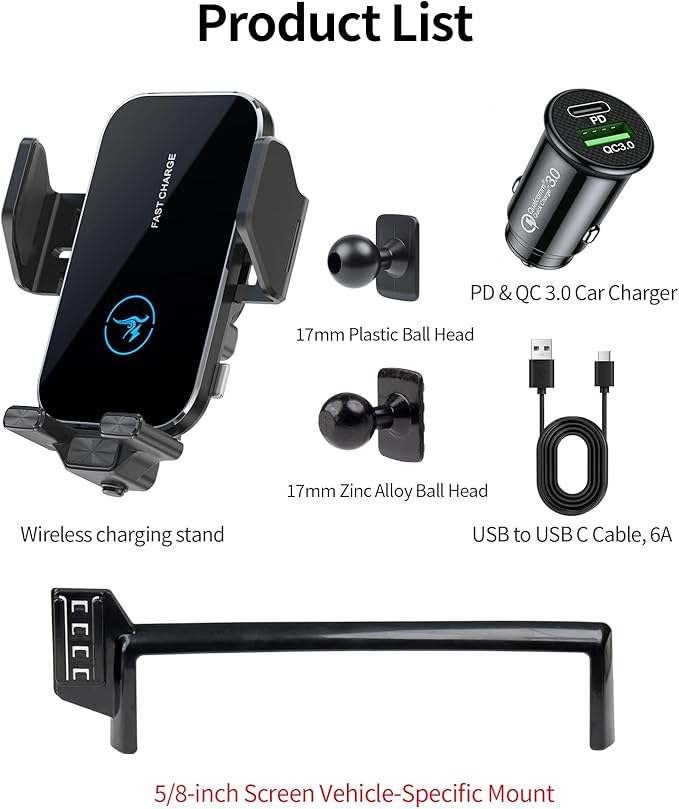 15W Wireless Fast Charger for 2016-2020 Honda Pilot/2019-2020 Passport/2017-2020 Ridgeline Accessories 5/8-inch Screen Fixed Clip, Interior Decoration Mobile Phone Mount, 360° Rotation