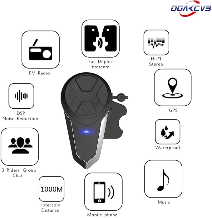 Motorcycle Bluetooth Headset, BT-S3 Bluetooth 5.0 Helmet Intercom Headset up to 3 Riders 1000M Helmet Communication System for Ski/ATV/Dirt Bike/Racing/Climbing(Single)