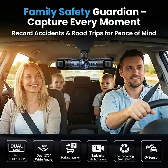 Dash Cam Front and Rear Inside,4 Channel,IR Night Vision for Driver(Grey) | Loop Recording,3.16 Inch IPS Screen,Parking Mode,360° Dash Cam