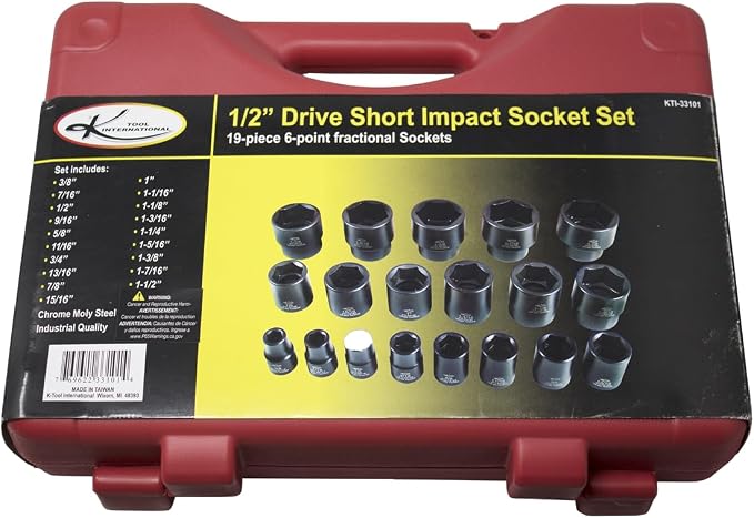 K Tool International 33101 19 Piece SAE Short Impact Socket Set, 1/2 Inch Drive 6 Point Cr Mo Steel Sockets from 3/8 to 1 1/2 Inch, Laser Etched Markings, Blow Molded Case, For Shop and Industrial Use
