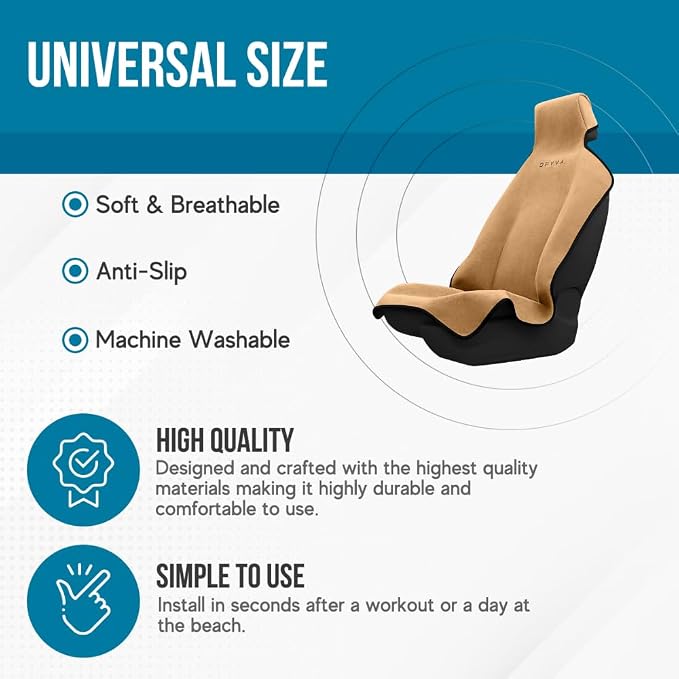 DryvaSeat - Premium Microfiber Towel Car Seat Cover - Waterproof & Sweatproof - Universal Fit, Machine Washable, Non-Slip - Seat Protector for Car, Truck, SUV, Van (Tan, 1 Pack)