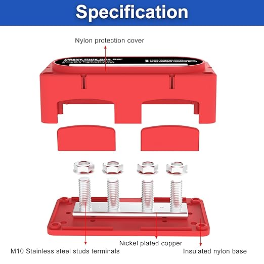 Heavy Duty Bus Bar 300A 12V Power Distribution Block with 3/8" (M10) 4-Posts Terminals Block with Cover for Automotive, Marine, Battery System (Red)
