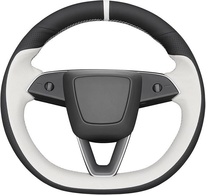 MEWANT Hand Stitch White Black Faux Leather Steering Wheel Cover Wrap for Tesla Model 3 Highland 2025 Model Y Juniper