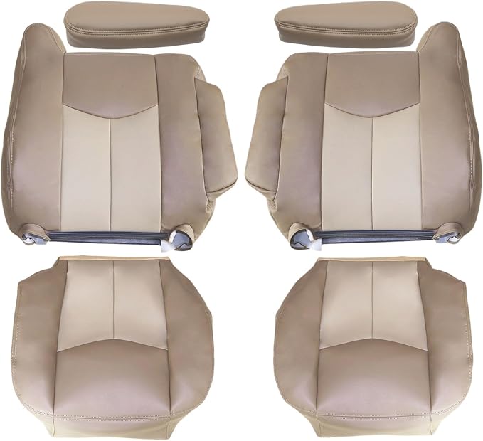 NLQR Medium Neutral Tan & Shale Tan Driver & Passenger Side Bottom & Top Lean Back & Armrest Covers Replacement Leather Seat Covers Compatible with GMC Yukon XL 1500 Sierra 1500 Denali 2003 2004 2005