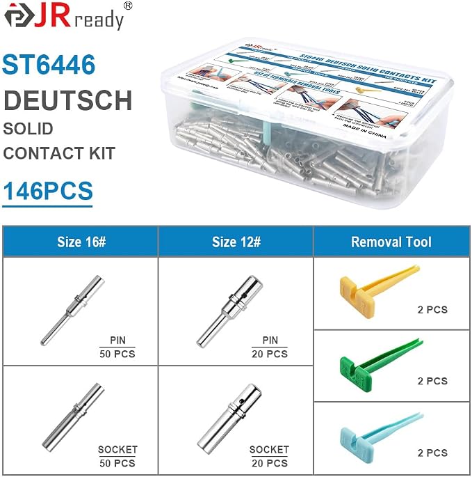 JRready ST6446 Deutsch Solid Pin Kit, Barrel Style Contacts Size 16# 12# Male Female Terminal for DT,DTP,DTHD,HD Series Connector with Deutsch Pin Extractor Tool