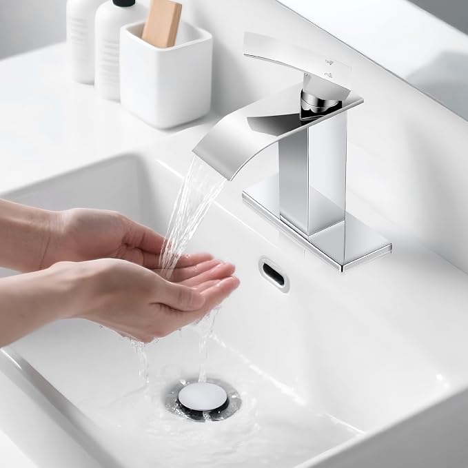 Chrome Bathroom Faucets, Waterfall Bathroom Sink Faucet Modern Single Handle Bathroom Faucte 1 or 3 Hole, RV Mixer Tap Vanity Faucet - Includes Pop-up Drain Supply Hoses Deck Plate