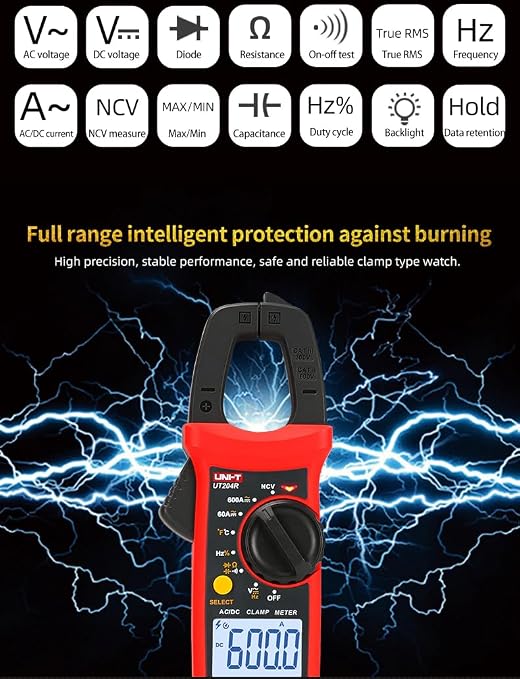 UNI-T Uni-Trend Multimeter clamp Meter UT201R/UT202R/UT203R/UT204R/UT202F AC/DC 400/600A Digital Ammeter clamp Meter DC AC for Measuring Ammeter Voltmeter Ohm Tester(UT202F)