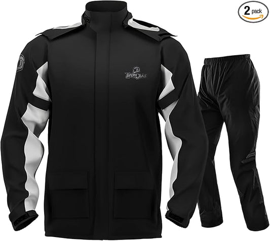 IRON JIA'S Rain Suit, Motorcycle Rain Gear for Men & Women, Waterproof Jacket and Pants, Breathable Reflective Raincoat for Farm Fishing Golf (Black XXL)