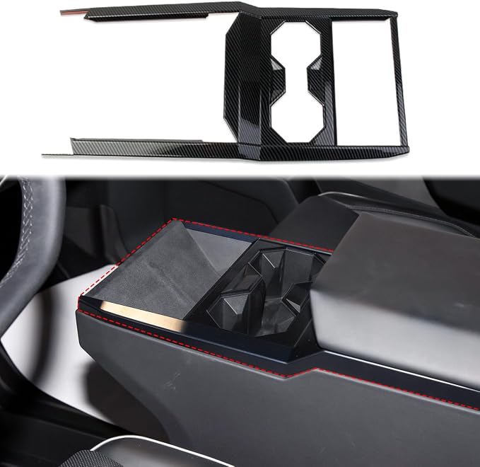 Carbon Fiber Style Central Control Cup Holder Wireless Charging Slot Frame Trim Accessories for Tesla Cybertruck (Bright Surface)