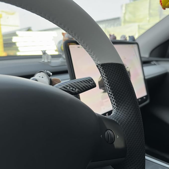 MEWANT DIY Hand Stitch Steering Wheel Cover for Tesla Model Y Model 3 Black Beige Faux Leather Steering Wheel Wrap