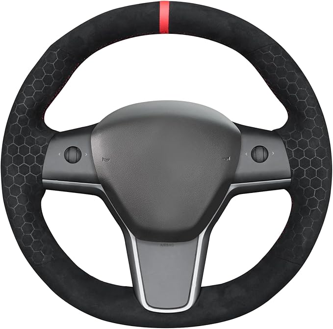 MEWANT Hand Stitch Steering Wheel Cover for Tesla Model Y Model 3 2023 Made of Black Smooth Hexagon Embossed Athsuede