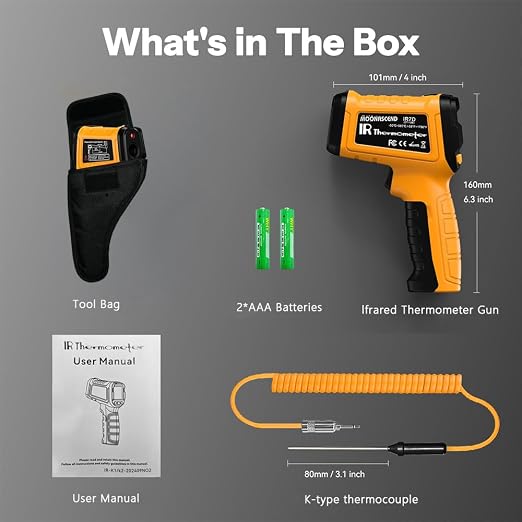 50:1 Infrared Thermometer Gun, -58°F to 1796°F, K-Type Probe | Surface & Internal Temperature Measurement • Humidity Display • HVAC & Equipment Diagnostics