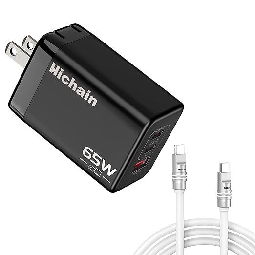 Hichain 65W USB C Charger 60W USB C Cable, 3-Port Wall Charger Block 3-in-1 Retractable Plug Fast Charging fot iPhone 17/16/15, 4 FT White Black