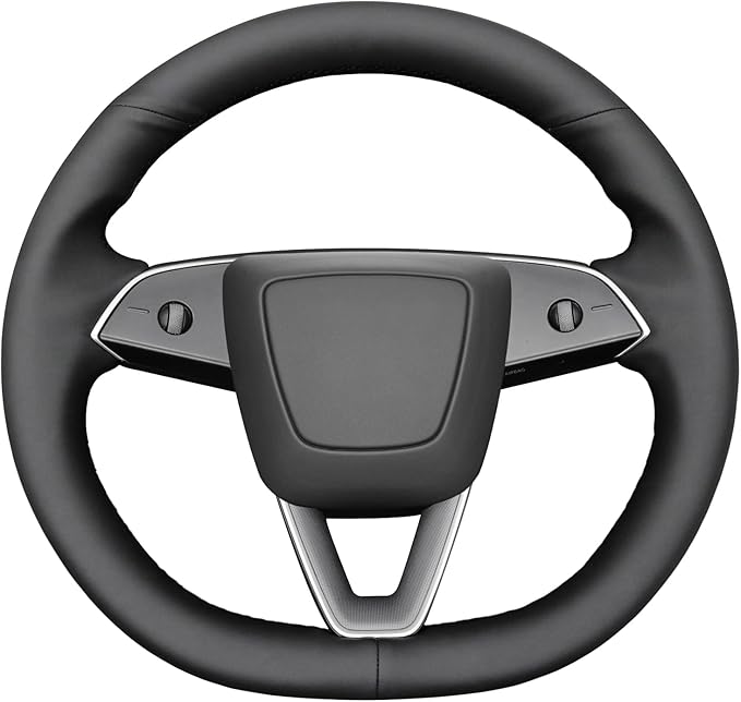 MEWANT Steering Wheel Cover for 2024 Tesla Model 3 Highland Hand Stitch Steering Wrap Made of Black Smooth Real Leather