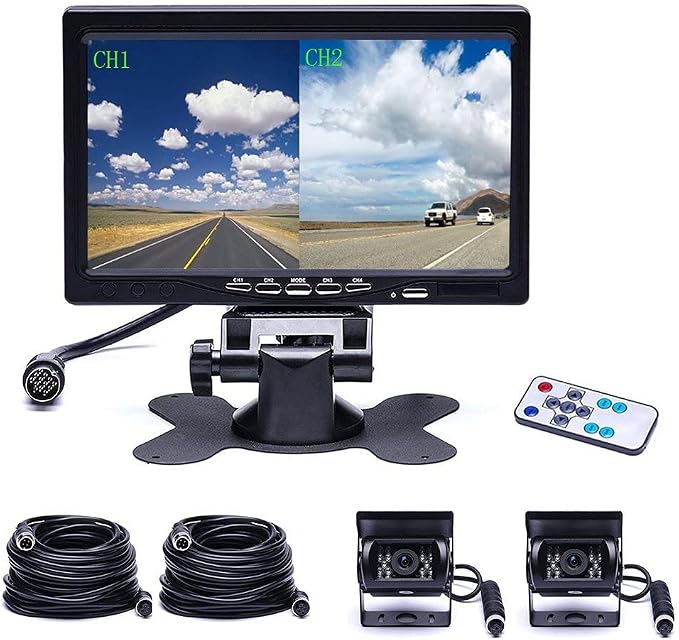 Camecho Vehicle Backup Camera 4 Split Monitor Front View Rear View Camera Auto 18 IR Night Vision Waterproof Aviation 4 Pins Connector LCD Monitor for Trucks RV Trailer Bus