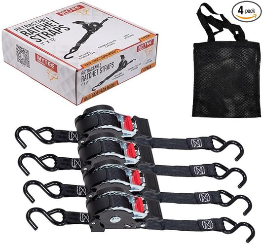 Mytee Products 4 Auto Retract NO-RATCHETING Ratchet Straps | 1" x 12' Retractable Ratchet Straps with Coated S Hook Tiedowns for Motorcycles, ATVs, Bikes: Tight & Secure Pickup Trailer Tie-Down