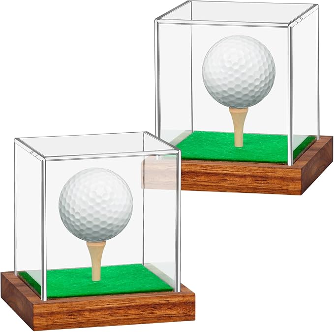 2 Pack Clear Acrylic Golf Ball Display Case with Wood Base & Tee, Memorabilia Stand Cube Holder, Dust Protection Transparent Storage Box for Single Ball Souvenir Golfball Collections
