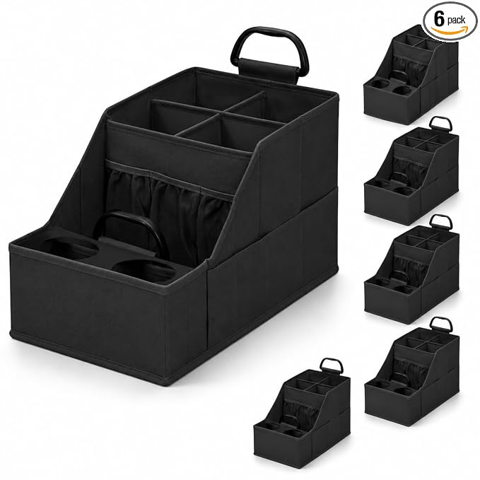 CROS 6 Pack Car Seat Organizer with Metal-Reinforced Cup Holders, 12 Storage Compartments Backseat Car Organizer, Travel Essentials for Kids Toys & Snacks, Non-Slip Seat Storage for SUV, Truck, Black