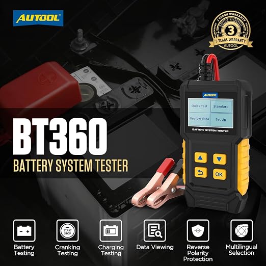 Car Battery Tester 12V Battery Load Tester AUTOOL BT360 6V-30V DC Charging Cranking Test 100-2000 CCA Automotive Alternator Tester Digital Auto Battery Analyzer for Vehicle Truck Motorcycle SUV Boat