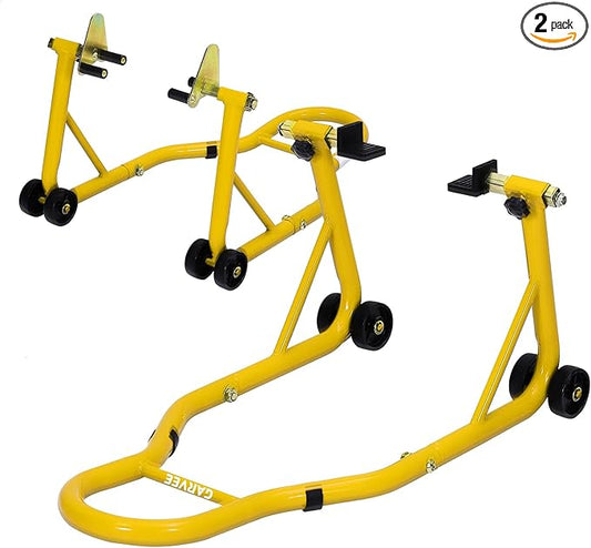 Garvee Motorcycle Stands Front and Rear, 900 LB Heavy Duty Front & Rear Wheel Lift Combo with Prong Adapters+L Adjustable Swingarm Spool, Universal Paddock Stands for Most Motorcycles, Yellow